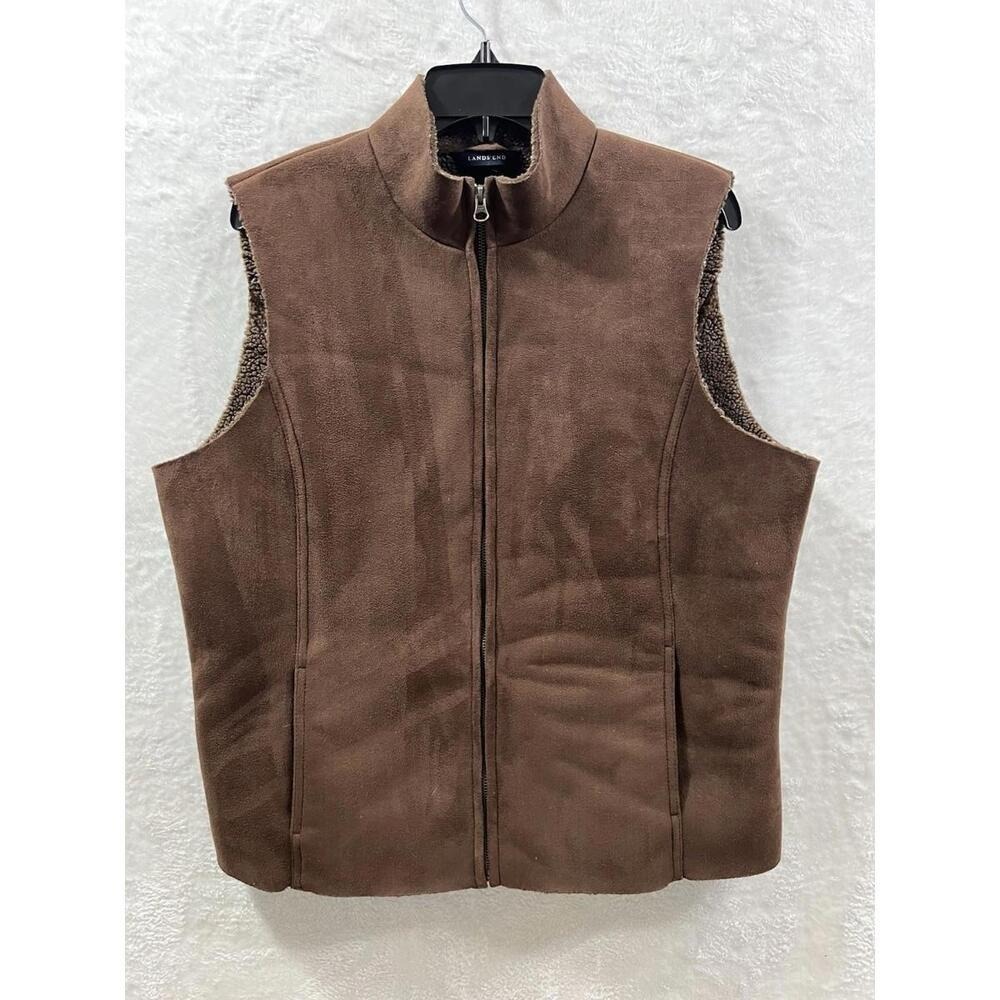Lands' End Women's Brown Faux Suede Sherpa Lined Zip Vest Size L (14–16)